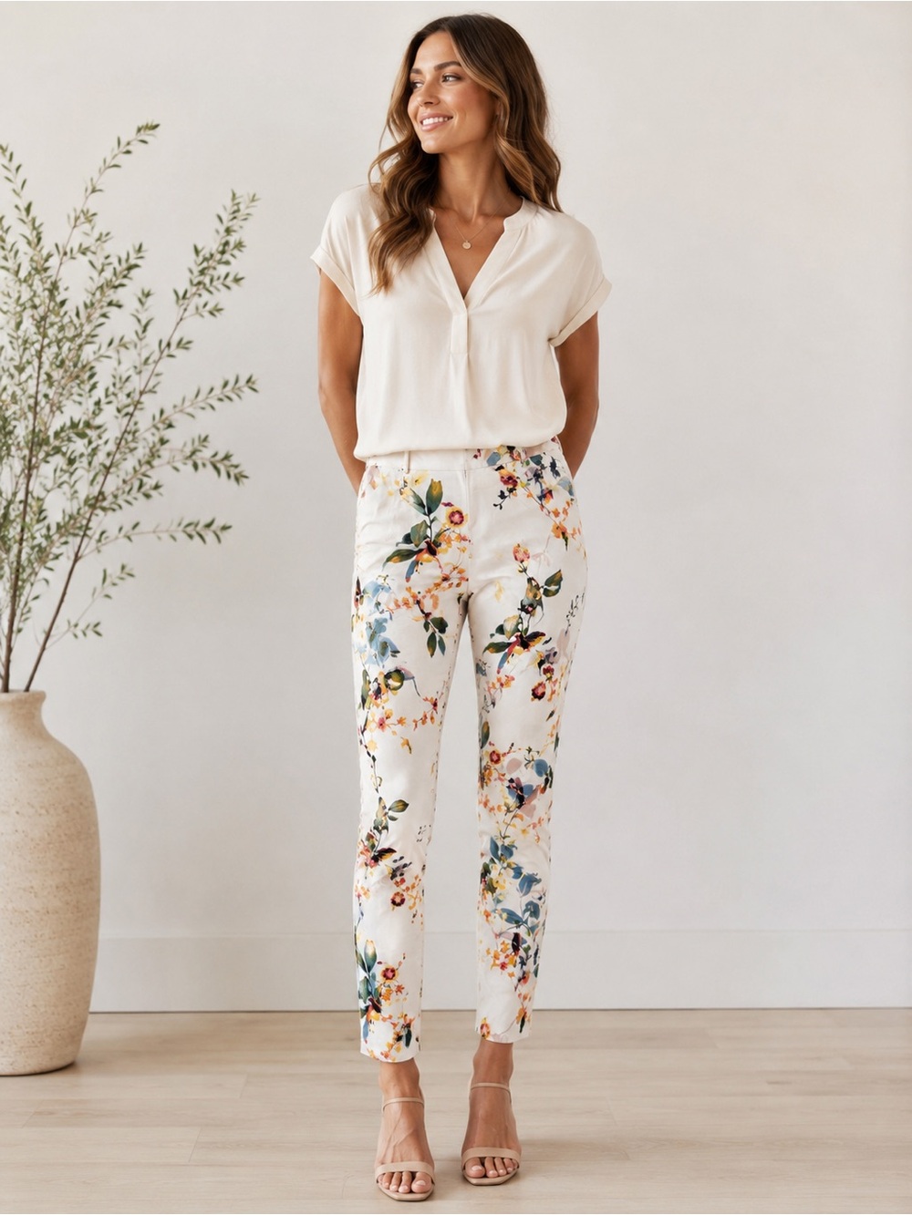 Peck & Peck Size 8 Floral Bird Print Stretch Pants Ankle Straight Leg
